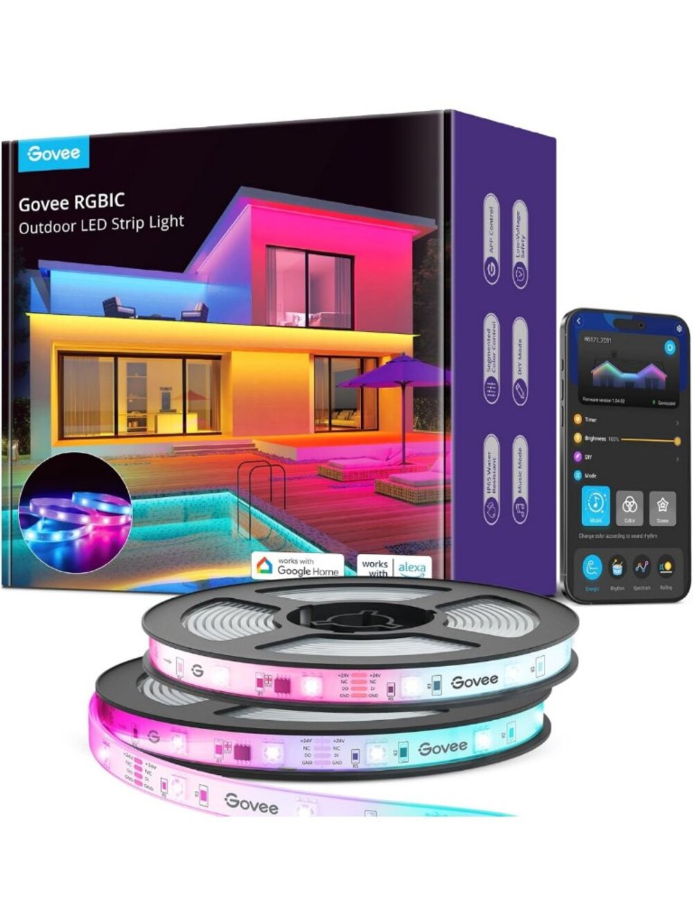 65.6ft Smart RGBIC Outdoor LED Strip Lights - App Control, Waterproof, Alexa